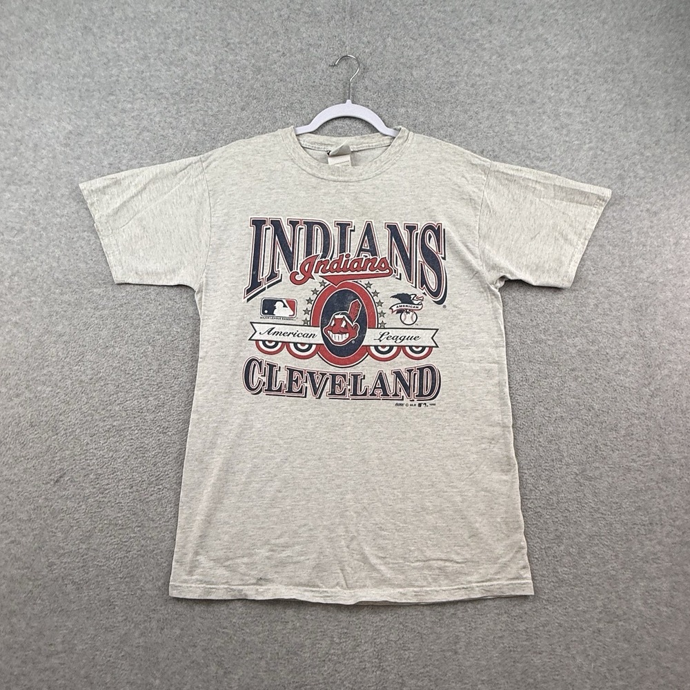 Vintage 90s Cleveland Indians Shirt Mens Medium White Gray Graphic Wahoo MLB VTG